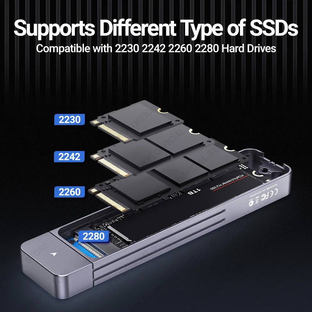 JEYI Gabinete M.2 NVMe de conexão direta, plugue USB-C USB 3.2 10 Gbps em linha de alumínio 2242 2280 SSD Case com capa protetora magnética