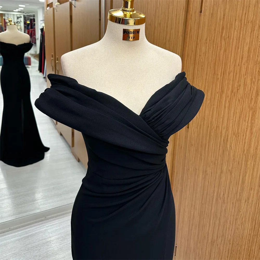 Lily Black V Neck Prom Dress Off the Shoulder Celebrity Dresses Mermaid Women\'s Evening Dresses Stain Pleat Formal Gown 프롬 드레스