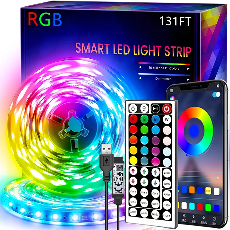1M-40M RGB Led Strip Lights 44Keys APP  Music Sync Remote Control USB 5V Flexible Tape for Room Decoration TV Backlight Diode