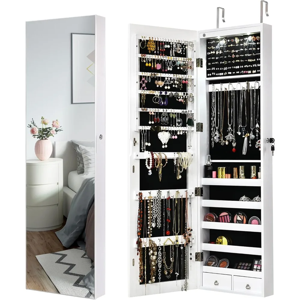 Wall Mounted Jewelry Cabinet, 47.5” Full-length Mirror with Storage, 2 LED Lights & 2 Drawers, Over The Door Jewelry Organizer