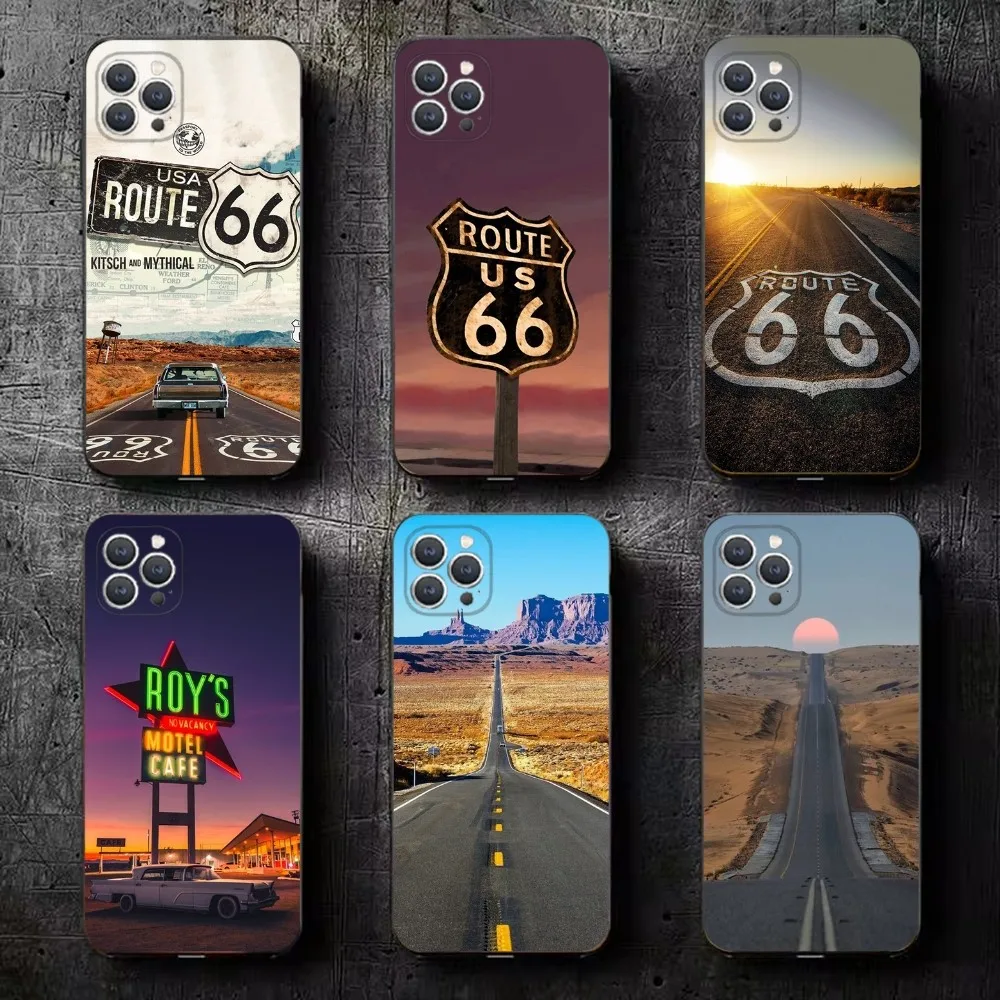 

American Route 66 Phone Case For iPhone 16,15,14,13,12,11,Plus,Pro Max,XS,X,XR,SE,Mini,8,7 Soft Silicone Black Cover