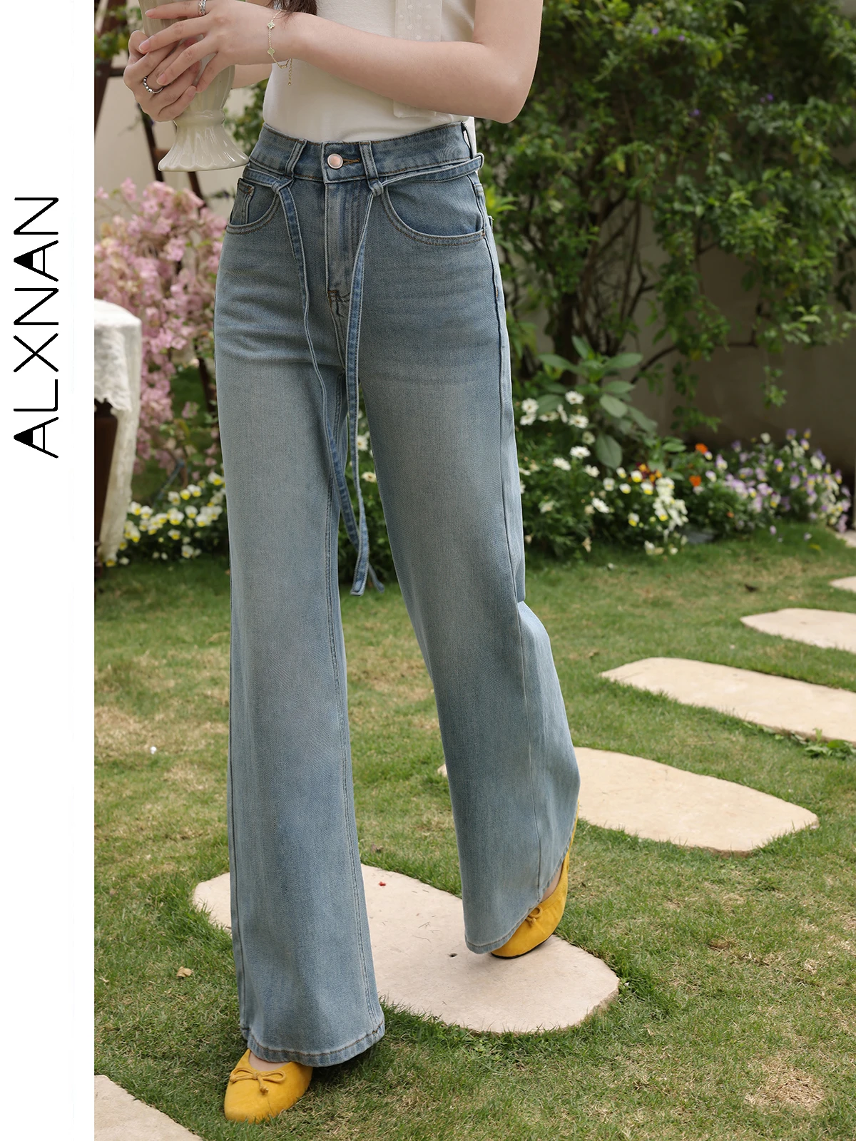 ALXNAN Ausgestellte Jeans für Damen, Vintage-Denim, Blau, hohe Taille, Jeans, 2022, Sommer, elegante Schnürung, schmale Passform, lange Hosen, weiblich, L53906