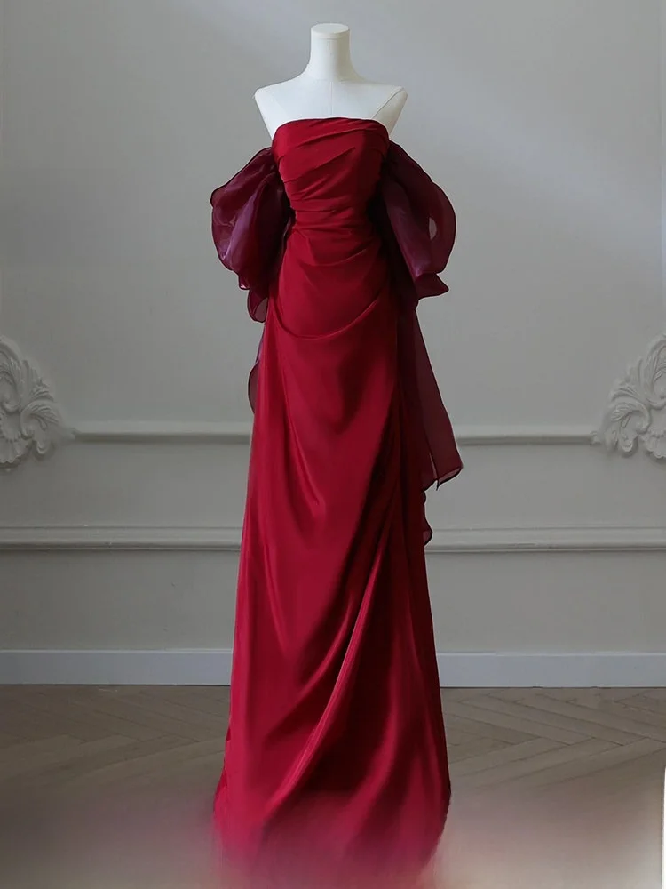 

Red Satin One oulder Morning Robe Wedding Dr Faionable Bridesmaid Outfit Small Size Ele Exit Scene Gown