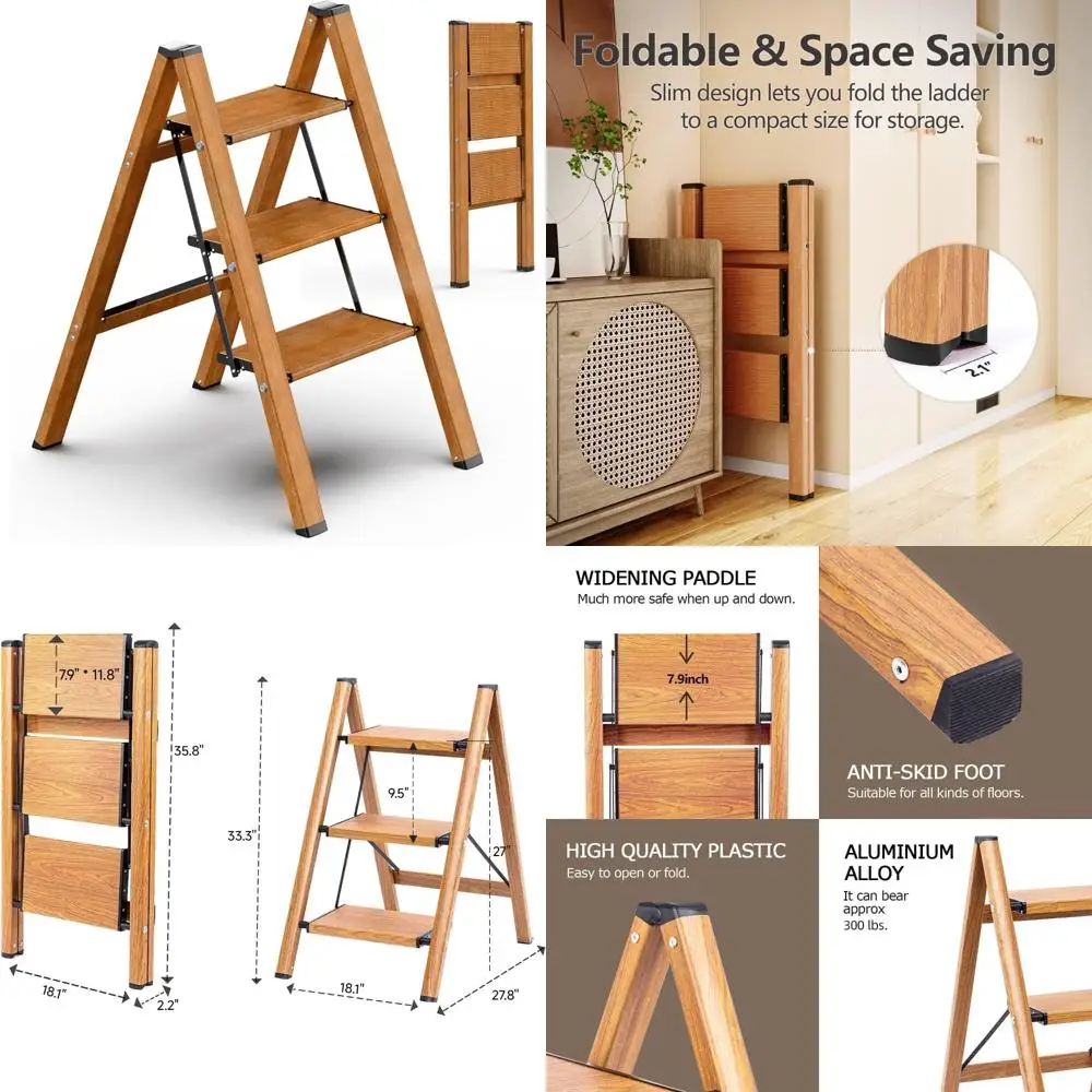 

Складная стремянка с противоскользящей широкой педалью для многофункционального дома и кухни, прочная и компактная конструкция из дерева