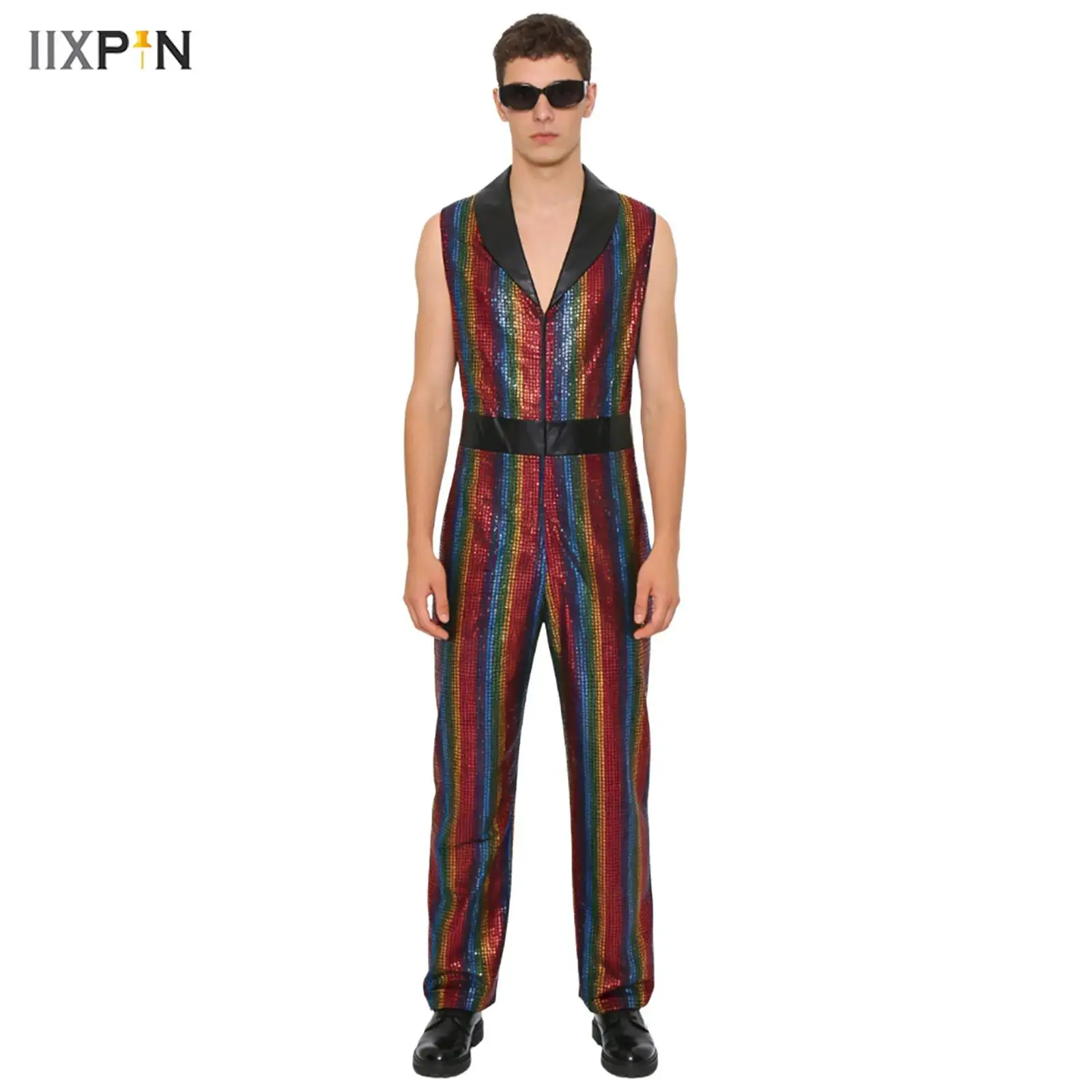 남성용 레트로 80년대 90년대 디스코 점프수트, 라펠 V넥 민소매 와이드 레그 바디수트, 메탈릭 샤이니 플래드 롬퍼, 레이브 파티 클럽웨어
