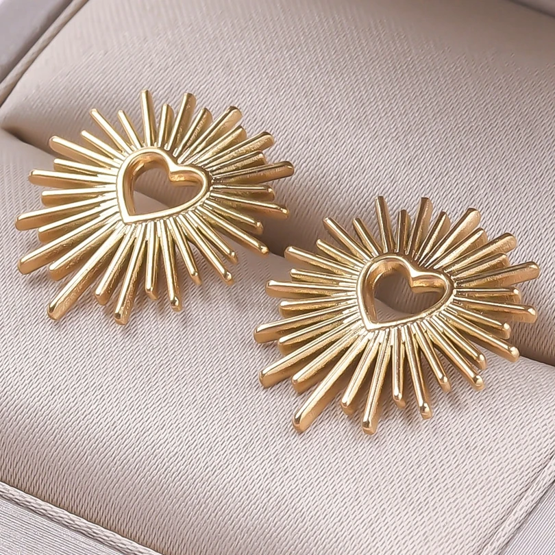 Fashion Ear Studs Gold Color Sun Heart Flower Stainless Steel Earrings For Women Men Accessories Ear Jewelry Fit DIY Rhinestone - Image 2