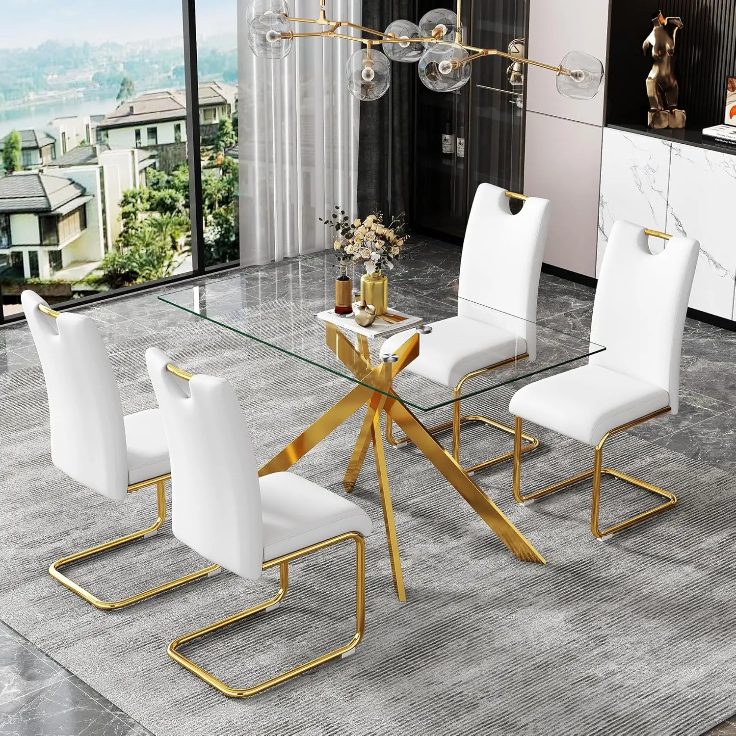 51.18' Rectangular Tempered Glass Dining Table with Metal Legs, Golden, Stylish Home & Outdoor Use