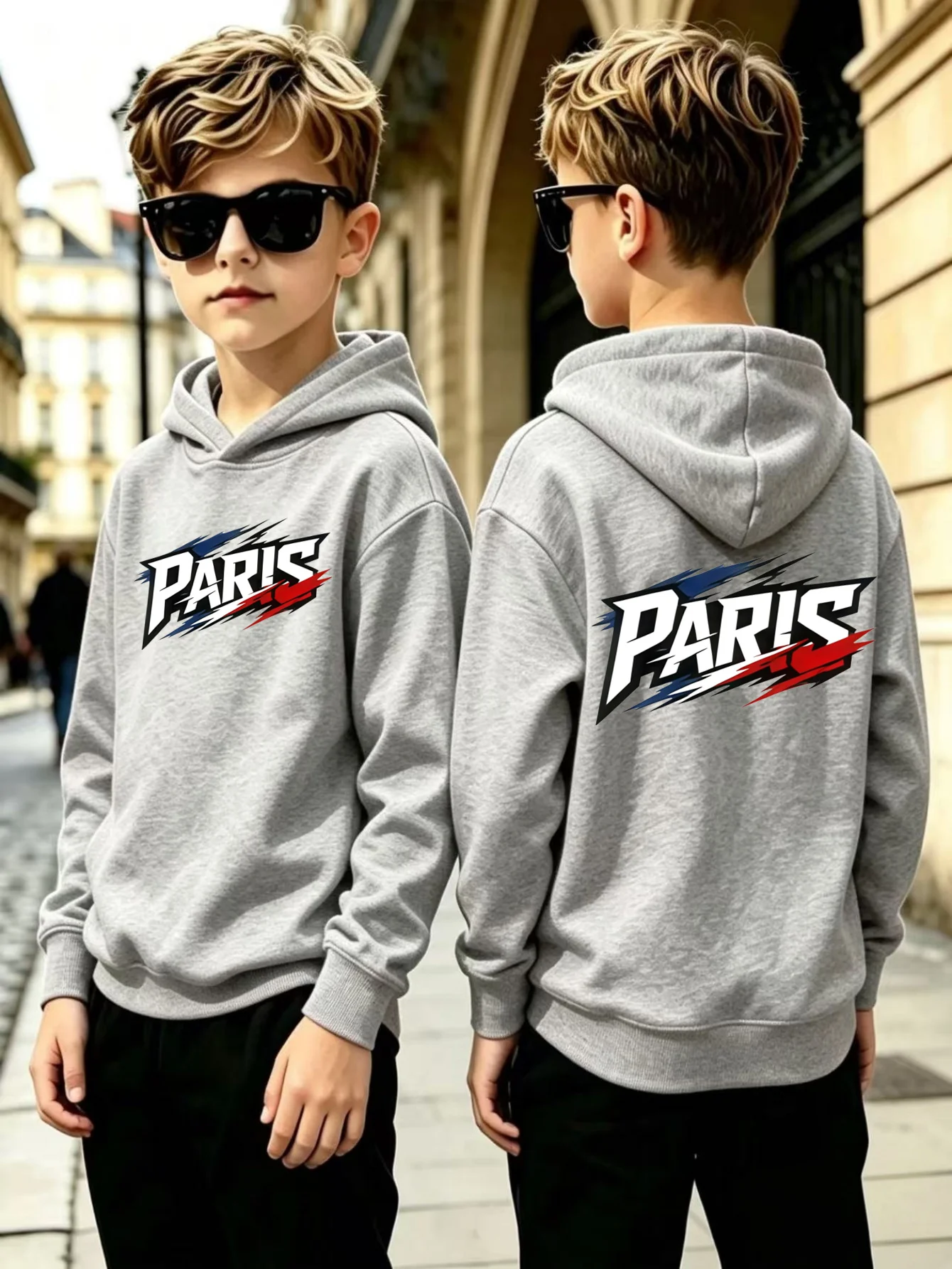 Halloween Boys' Autumn/Winter Hooded Sweatshirt, Ripped Edge PARIS, Double-sided Print, Autumn/Winter Casual Sports Hoodie