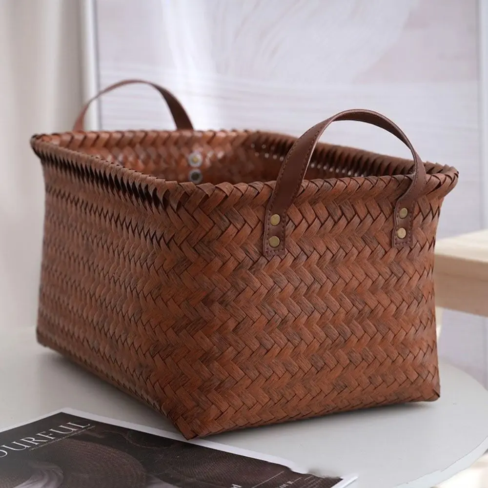 

Convenient Square Laundry Basket Brown 38cm Hand Woven Storage Basket Removable with Handles Laundry Hamper Picnic