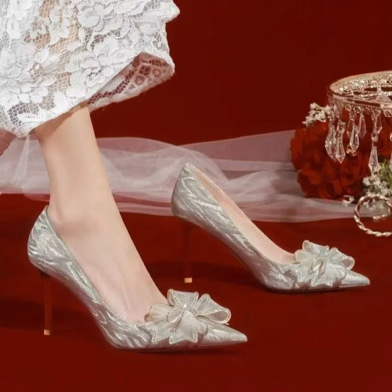 

Shoes for Women Silver Crystal Butterfly Knot Pointed Toe High Heels Elegant Luxury Party Wedding Women's Stiletto Zapatos Mujer