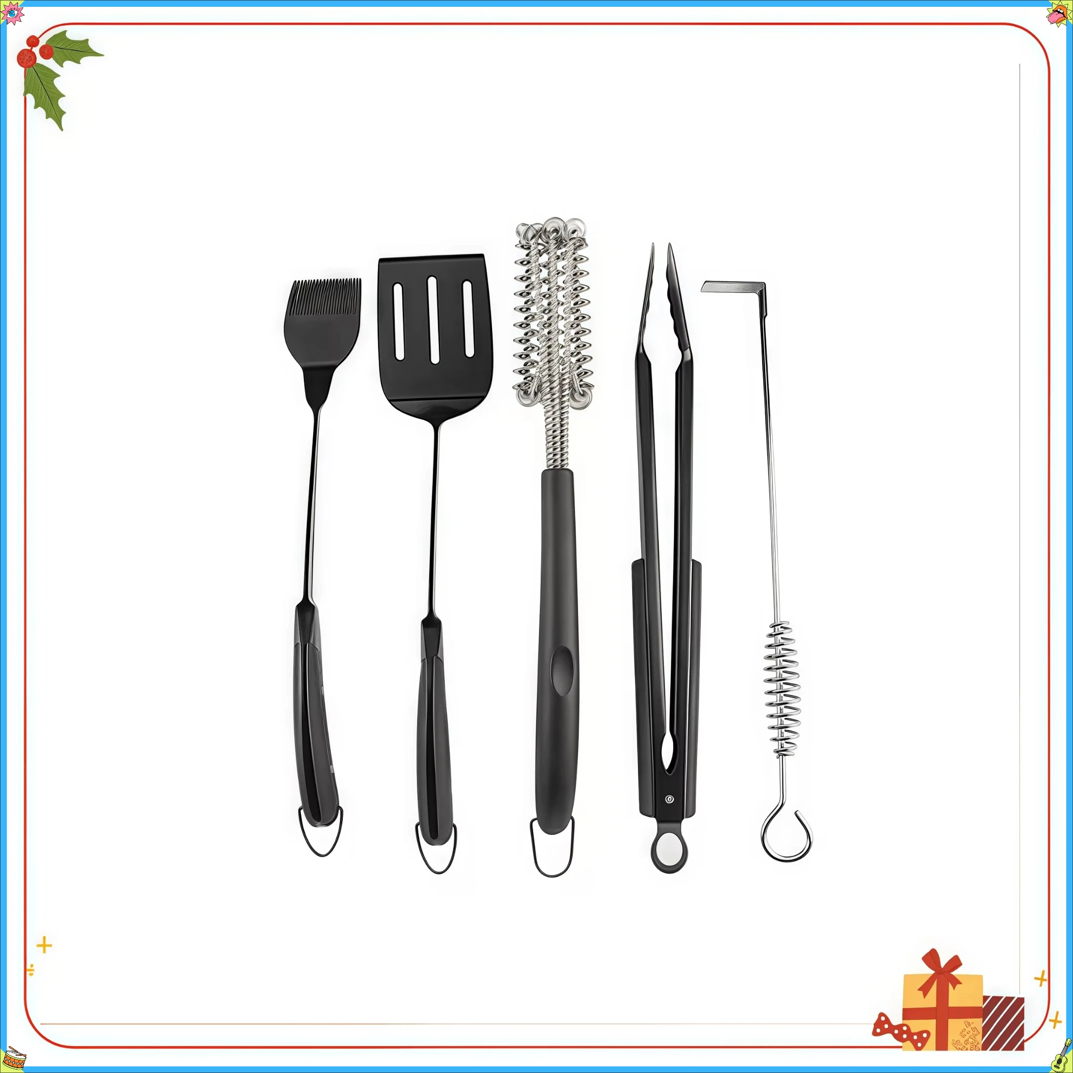 

Набор силиконовых инструментов для гриля из 5 предметов с эргономичными ручками, включает в себя щипцы для лопаток, щетку для натирания и чистящие средства, термостойкие