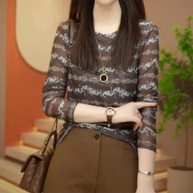 Spring Autumn Women's Fashion Printed Long Sleeve Tops 2023 Casual Vintage Round Neck Slim Pullovers T-shirt Female Clothing