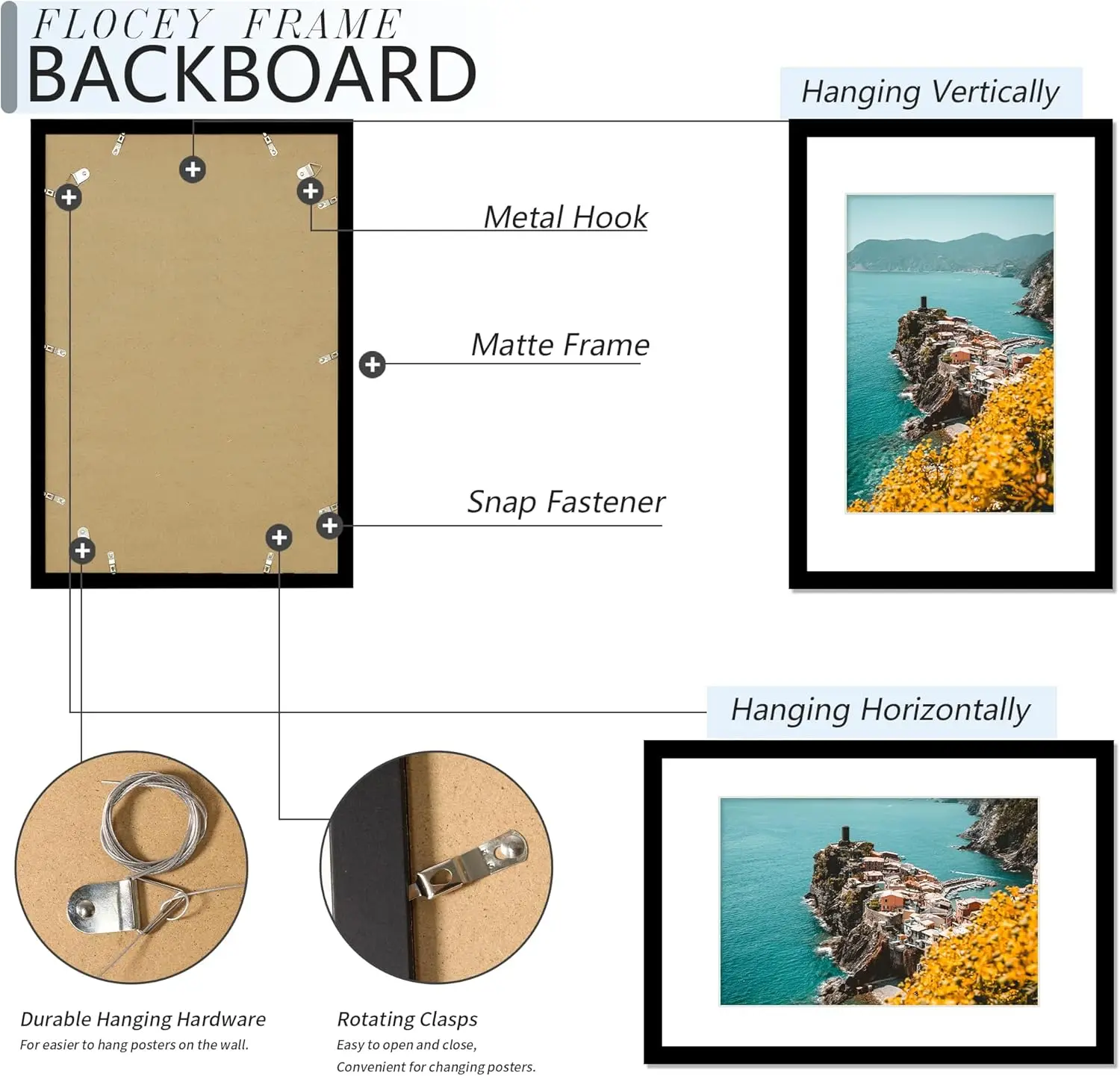 16x24 Picture Frame Set of 5, Black Poster Frame, Display Pictures 12 x 18 with Mat or 16x 24 Without Mat for Horizontal