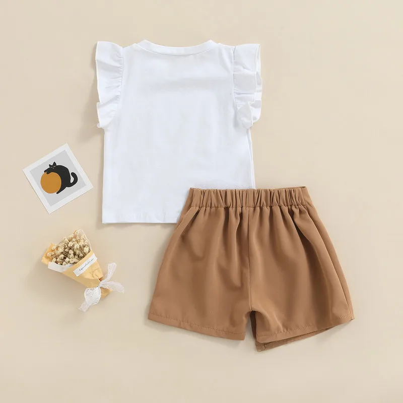 Children Kid Girl Short Sets Summer Clothes 2023 Outfits Fly Sleeve Cartoon Letter Tops Solid Color Bow-Knot Decor Skirts Set