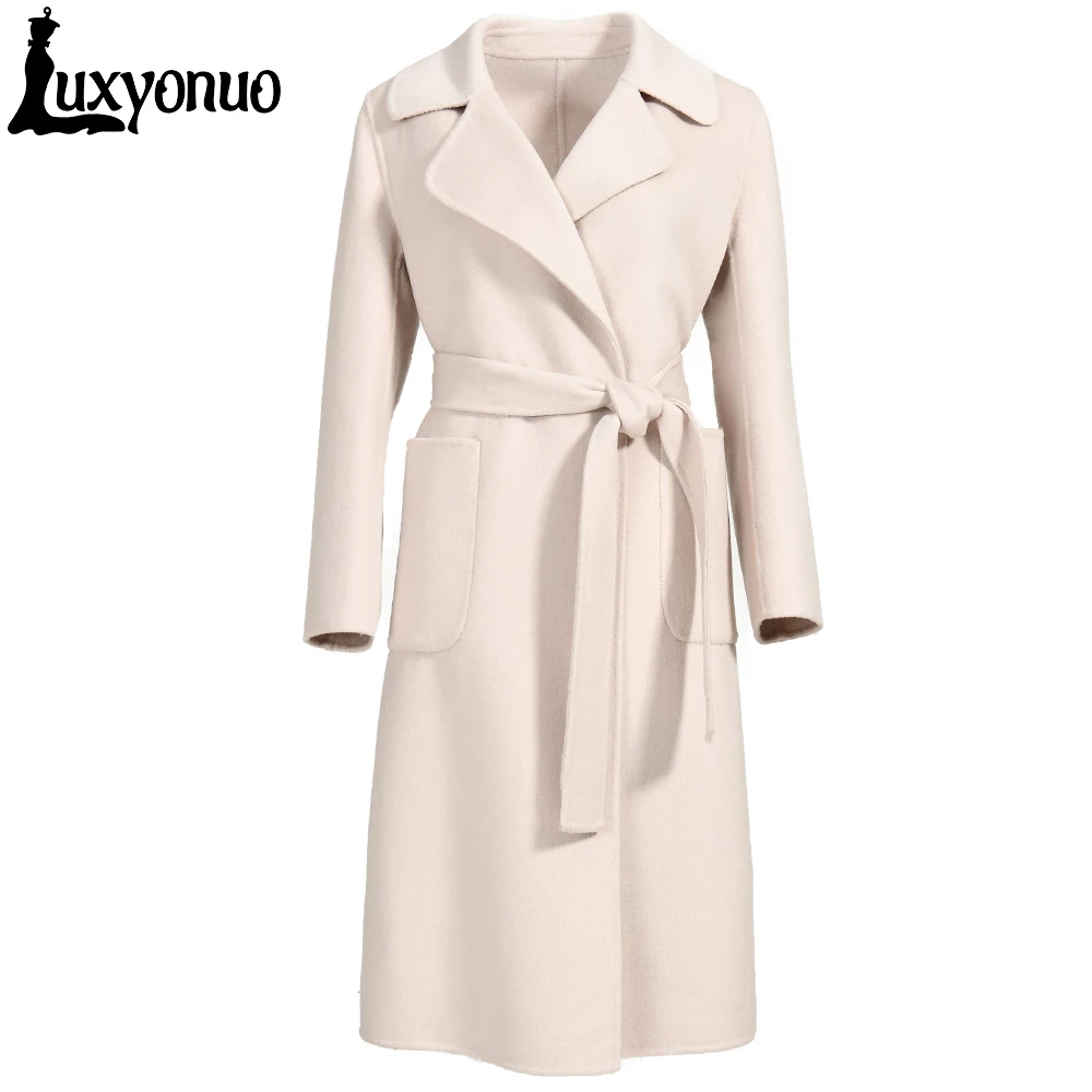 

Luxyonuo 2022 Women Cashmere Coat High End Englent Double Faced Wool Long Trench Coat with Blet Pocket Full Sleevs Soild Color