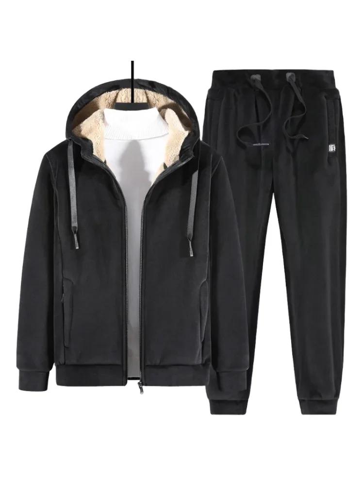 

Men Windproof Fleece Parka Sets Mens Tracksuit Hooded Jacket + Pants Set Men Warm Tracksuits Winter Thick Lamb Two Pieces Set