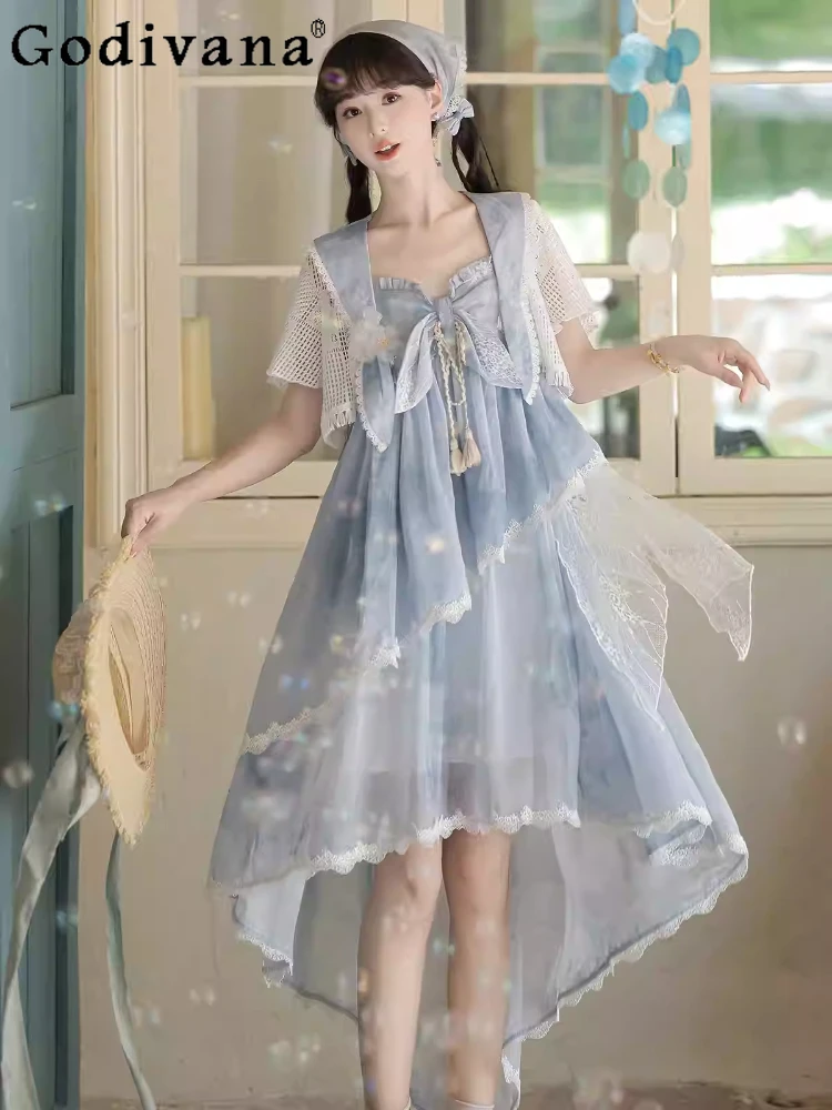 

2026 Spring Summer New Chinese Short Top Fashion High Waist A-line Irregular Sweet Bow Irregular Fairy Princess Suspender Dress