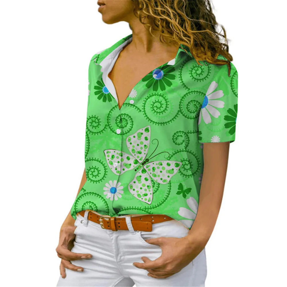 Butterfly And Floral Pattern Women Shirts Summer Short Sleeve 3d Print Street Comfort Ladies Blouse 3XL Large Size Casual Shirt