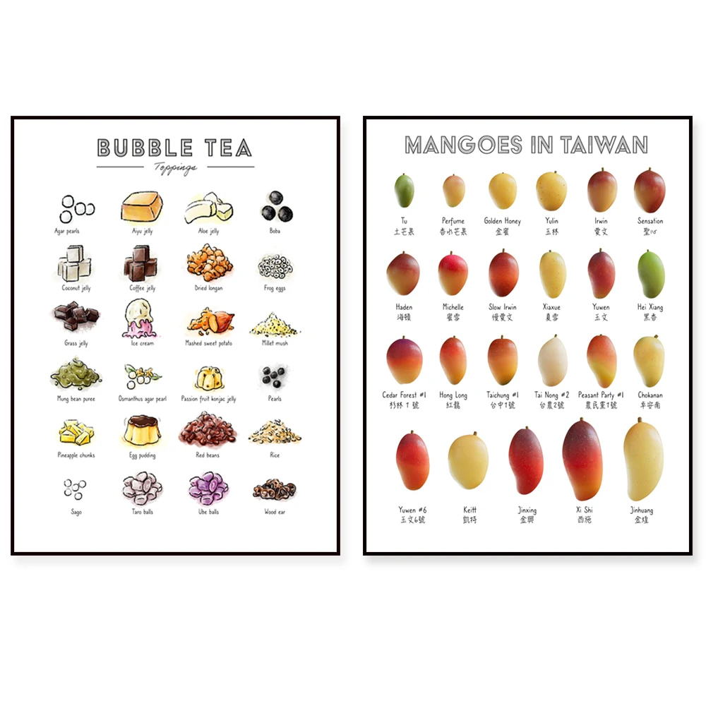 Mango in Taiwan Kunstdruck, Bubble-Tea-Kunst, Bubble-Tea-Topping, Boba-Tee-Getränketopping-Poster, leckerer Sommergetränk-Poster