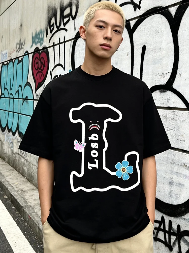 Camiseta de algodón de manga corta para hombre Losb Couple, con estampado de tiburón, corte holgado, hombros caídos, parte in...
