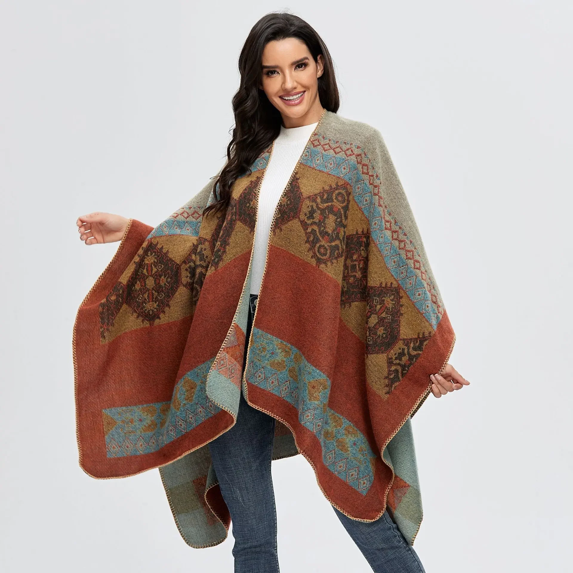 

Autumn Winter Female Cloak Women Shawl Retro Split Warm Imitation Cashmere Scarf Shawl Ponchos Capes