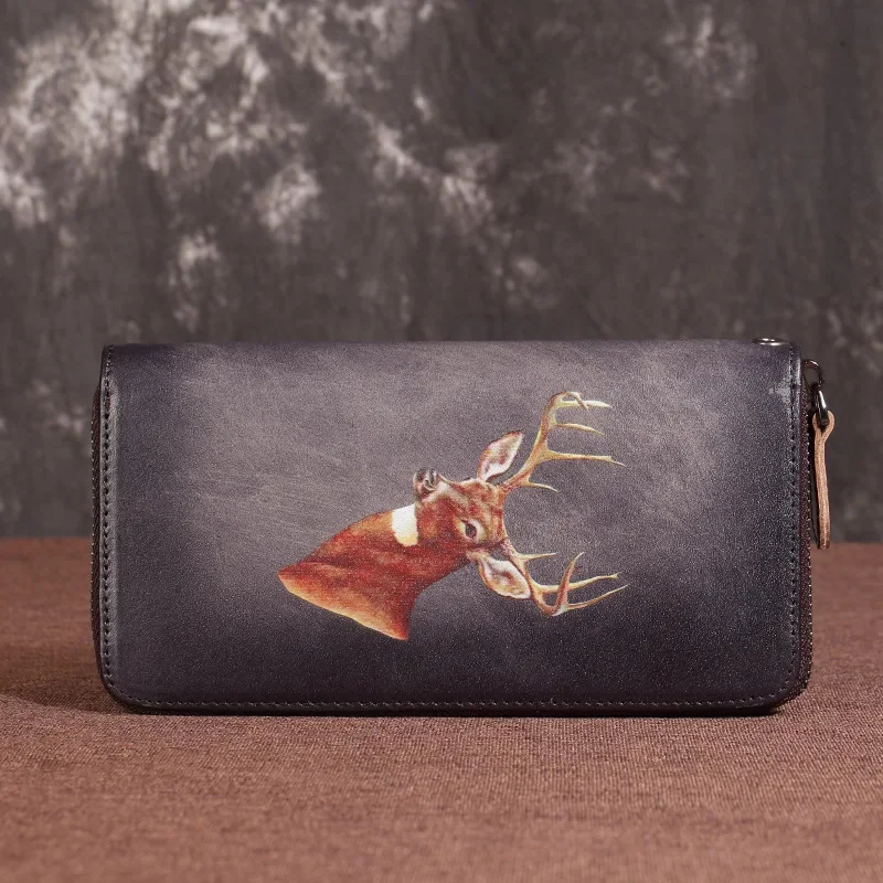 Genuine Leather Clutch Women Purse Deer Pattern High Quality Designer Brand Cards Holder Female Money Bag Zipper Long Wallets