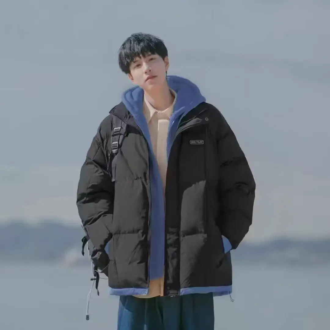 

Men's Winter Thiened Fce Lined Bread Coat Cotton Jaet Harajuku Sle Faionable Simple Japanese Trendy Waterproof Zip...