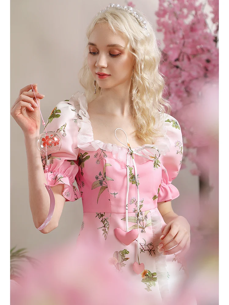 Kawaii Sweet Girl Long Dress for Women 2024 New Summer Retro Gradient Printing Elegant Square Collar Short Sleeve Ruffled Dress