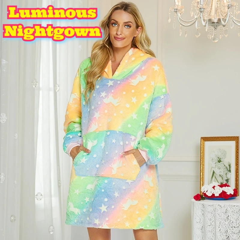 

Hooded Flannel Women Couples Blanket Robe Glow Dark Rainbow Horse Night Light Composite Thermal Cozy Winter Home Loungewear Use