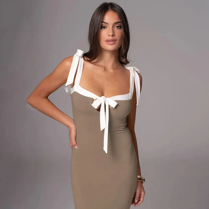 Spring and Autumn New Camisole Dress with Lace Up Front and Back, Elegant Dress, Slim Fit Long Skirt for Women 222