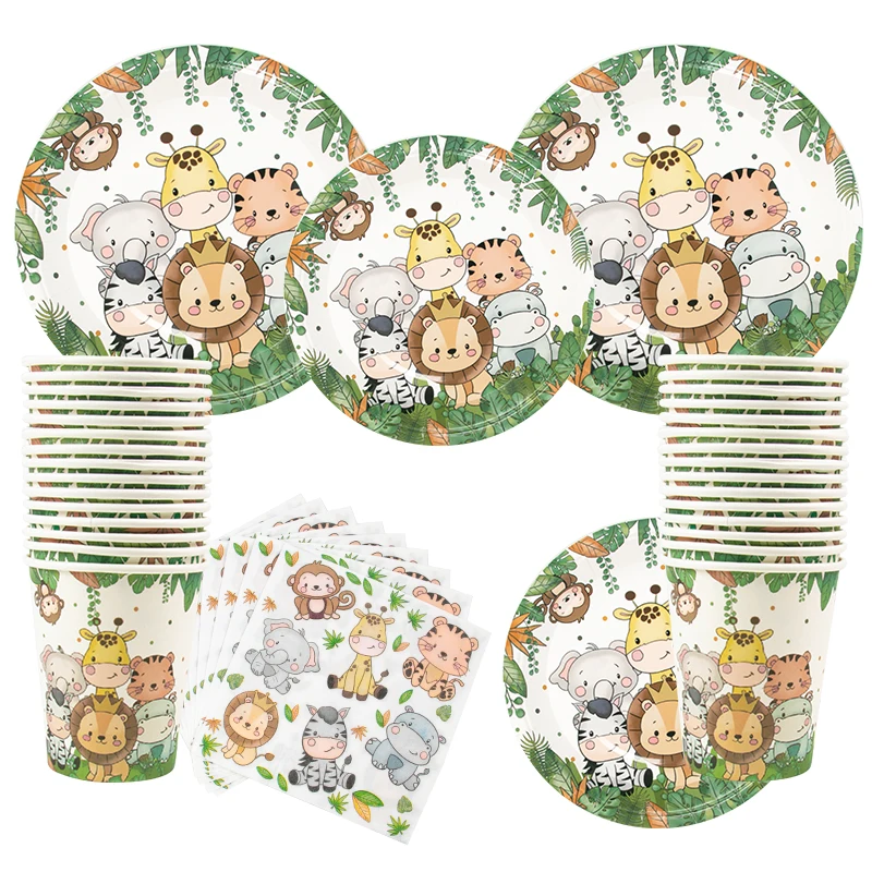 

Jungle Animals Disposable Tableware Sets Kids Baby Shower Forest Theme 1st Birthday Party Decor Plate Cup Safari Party Suppiles