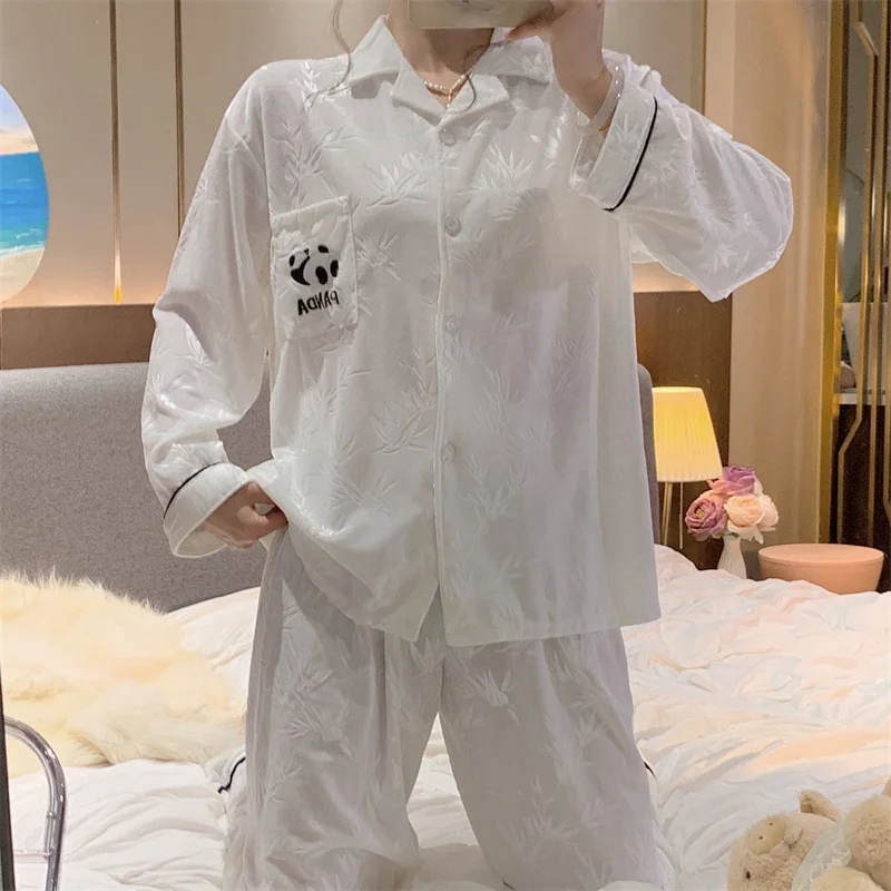 Autumn New Silky Soft 2 Pieces Pajamas for Women V-neck Cardigan Pajamas for Women Fashion Embroidery Panda Pajamas for Girls