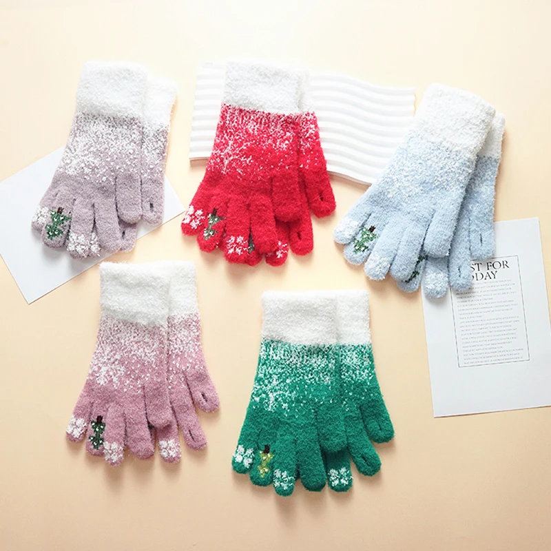 New Year Christmas Women Winter Thicken Dew Finger Touch Screen Warm Knitted Gloves