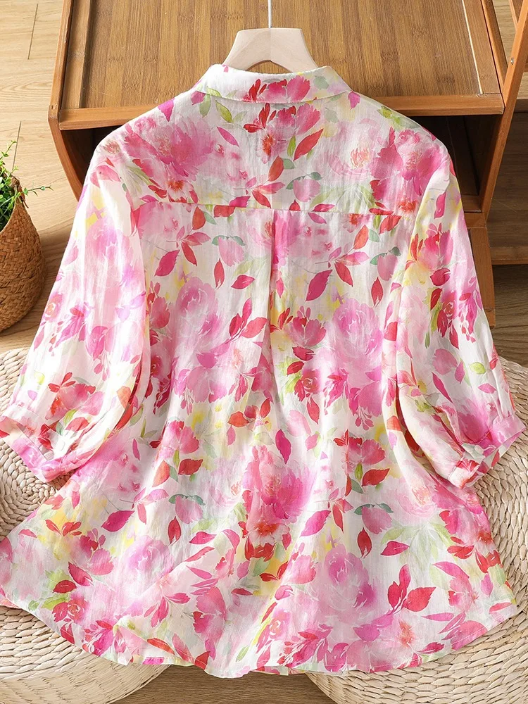 Summer Cotton Linen Short Sleeve Shirt Women's Loose Fit Printed Floral Collar Casual Breathable Thin Top Open Cardigan