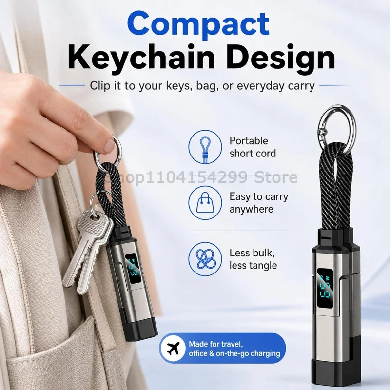 65W Keychain Digital Display Four-in-one PD Fast Charging Cable, Suitable for Apple and Huawei Type-C 5A Mobile Phone Data Cable