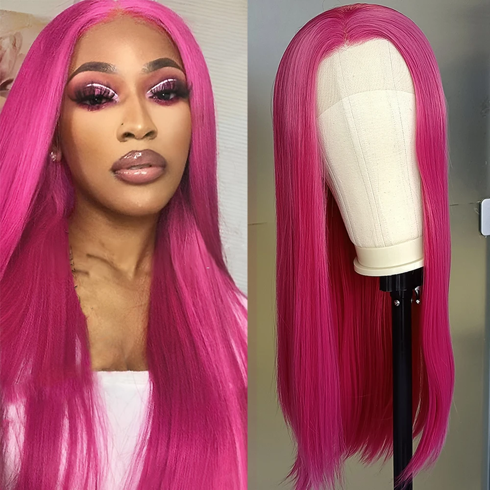 Rose Pink Straight Synthetic Lace Wig Glueless Wigs For Women Natural Hairline Daily Wear Long Pink Wig Cosplay Part Front Hair