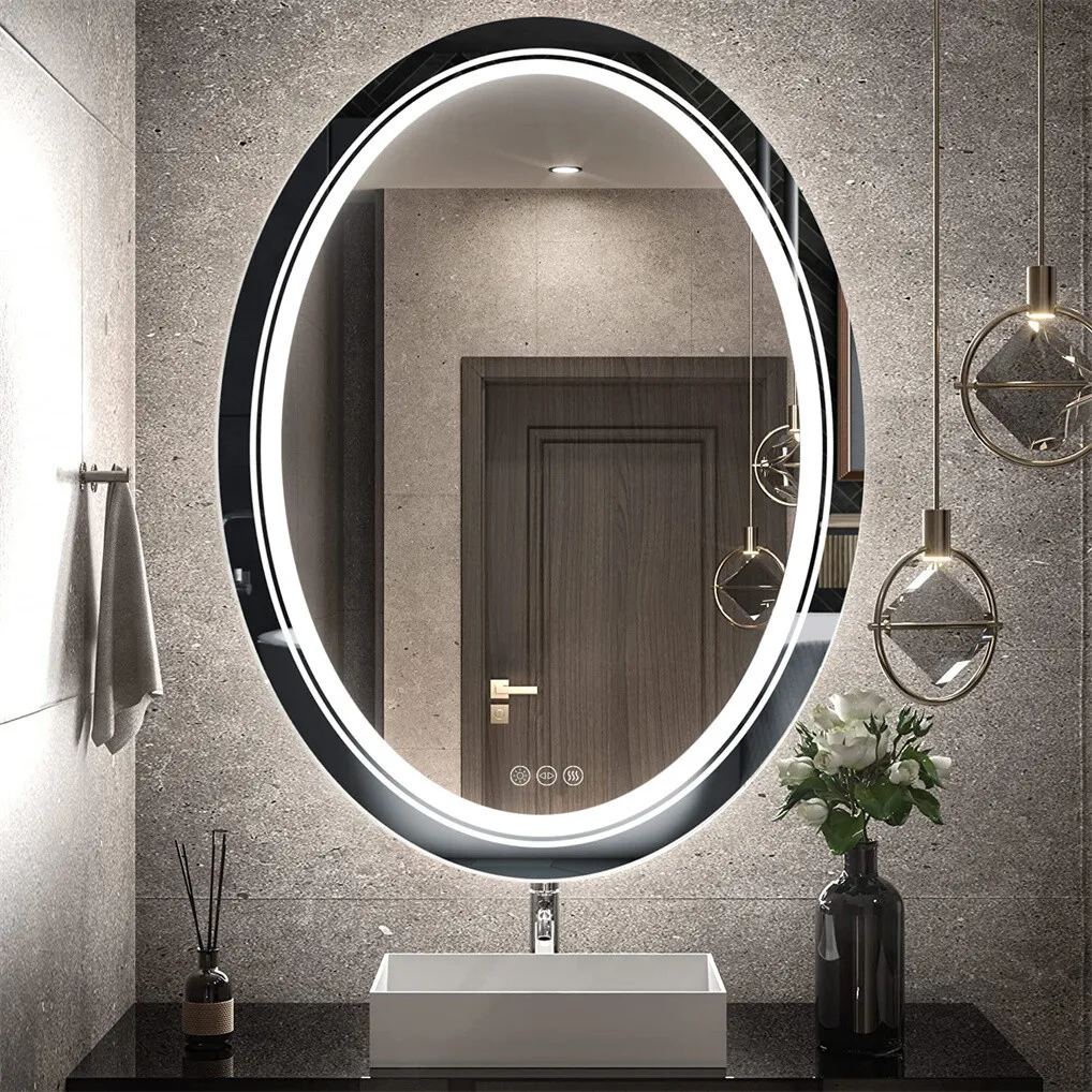 Oval Bathroom Mirror LED Makeup Mirror Anti-Fog Dimmable Light Memory Wall Vanity Shaving Mirror Backlit+Front Lighted
