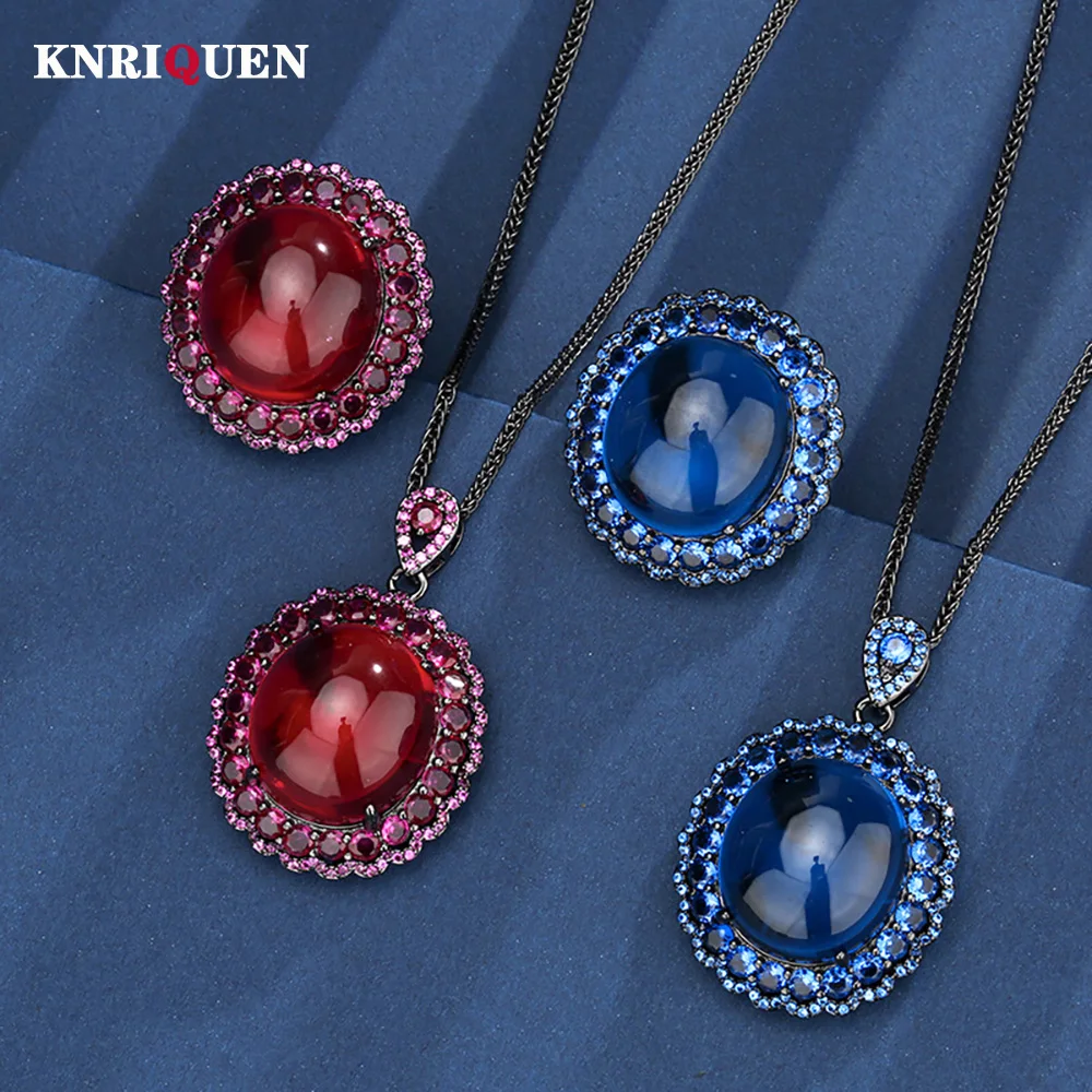 

New Vintage 18*20mm Ruby Sapphire Necklace Pendant Ring Lab Diamond Gemstone Court Fine Jewelry Sets for Women Anniversary Gift