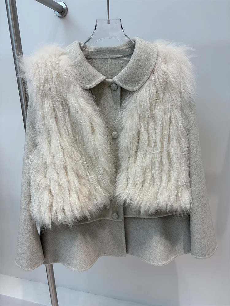 Winter Coat Detachable Real Fox Fur Vest  Wool Cashmere Jacket Set Ladies Short Outerwear Warm Luxury Two Piece Outfit