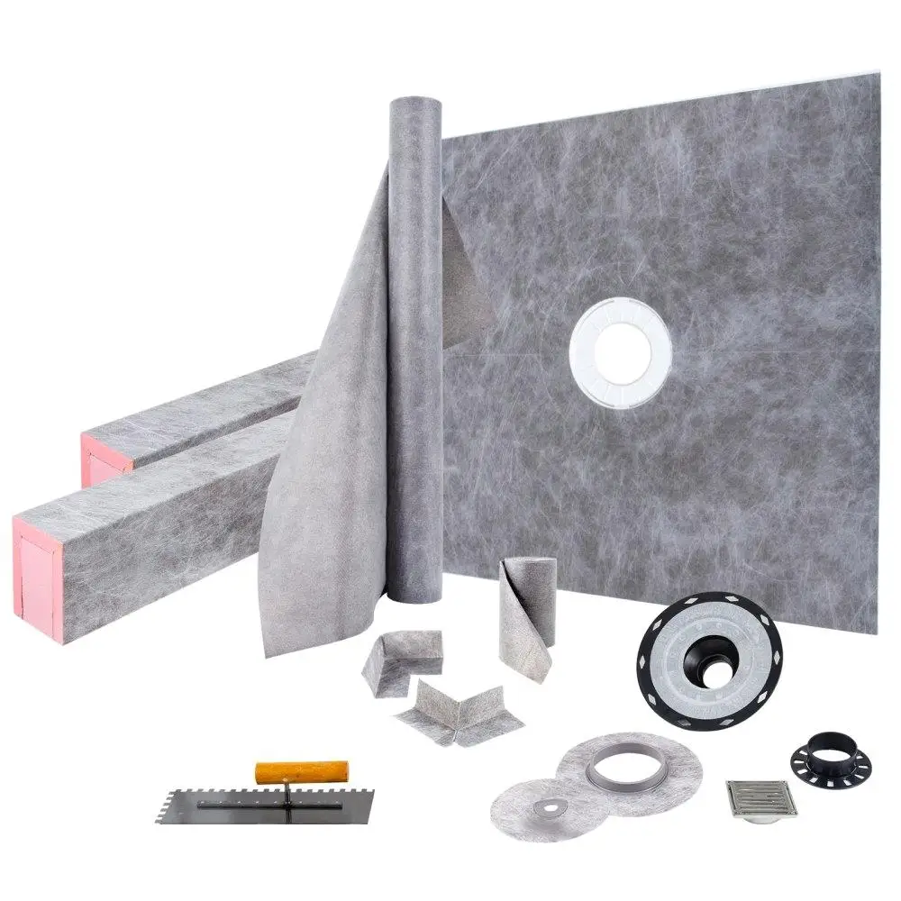 

48x48 Shower Curb Kit Including 4 PVC Flanges Stainless Steel Grate 2 Cuttable Curbs Trowel and Shower Pan Slope Sticks