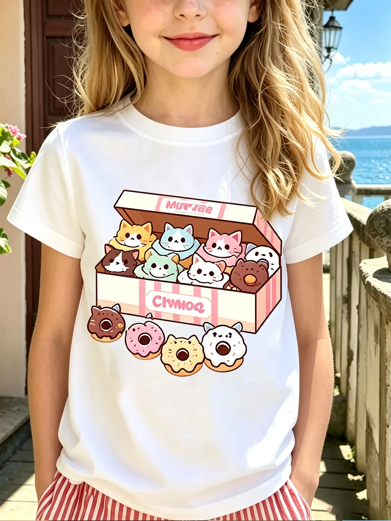 Box Cats Donuts Kids Tee Cute Cartoon Graphic Print Boys Girls Family Matching Cotton Summer Short Sleeve Children Tshirt