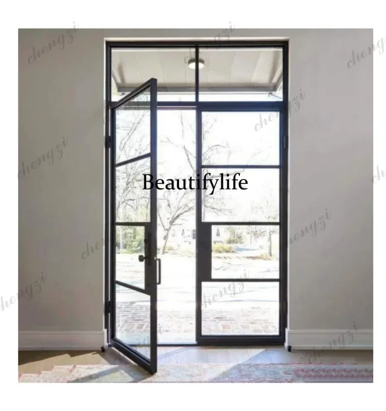 Y136  Customization Customized Wrought Iron Frame Tempered Glass Transparent Double Swing Villa Front Door