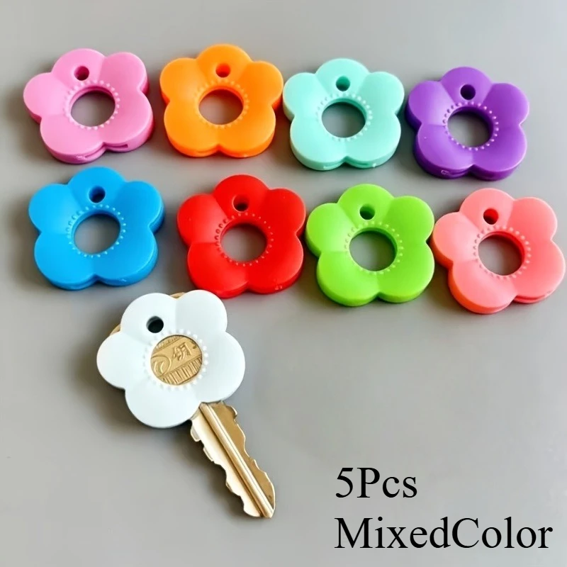 5 Random Color Colorful Flower Key Cover Set with Tag Key Caps - Durable Color-Coded Key Protectors for Home/Office Keys