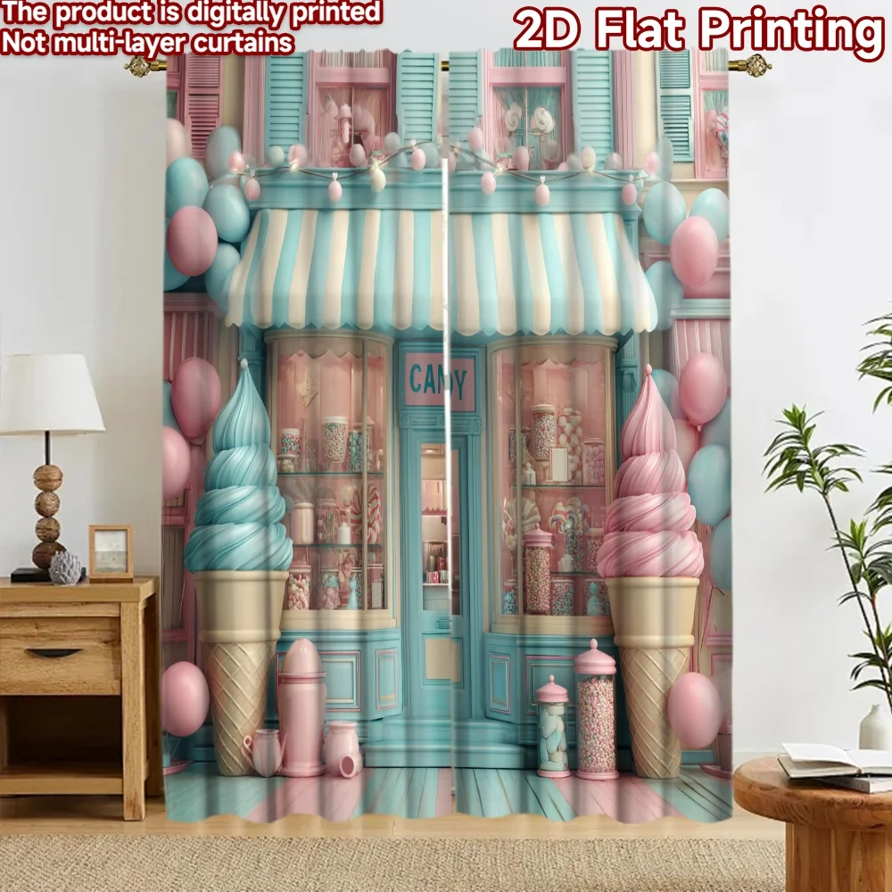2D flat 2pcs Curtain Home Short Curtains Pastel Candy Shop Durable polyester fiber Party & Holiday Decor Use for Holiday Parties