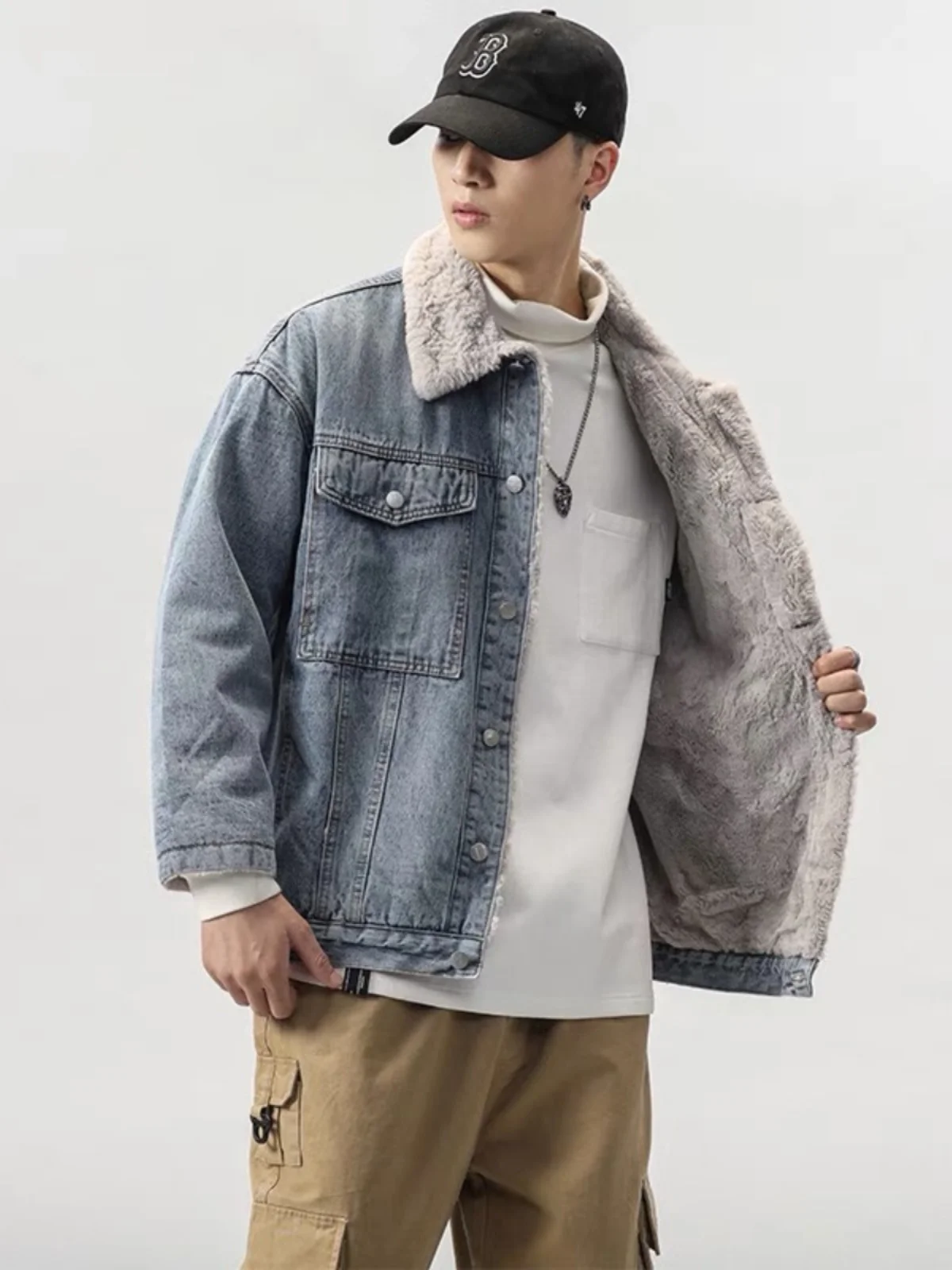 Chaqueta vaquera Retro americana con forro polar para hombre, ropa de trabajo de aodón hoada, abrigo informal de moda par...