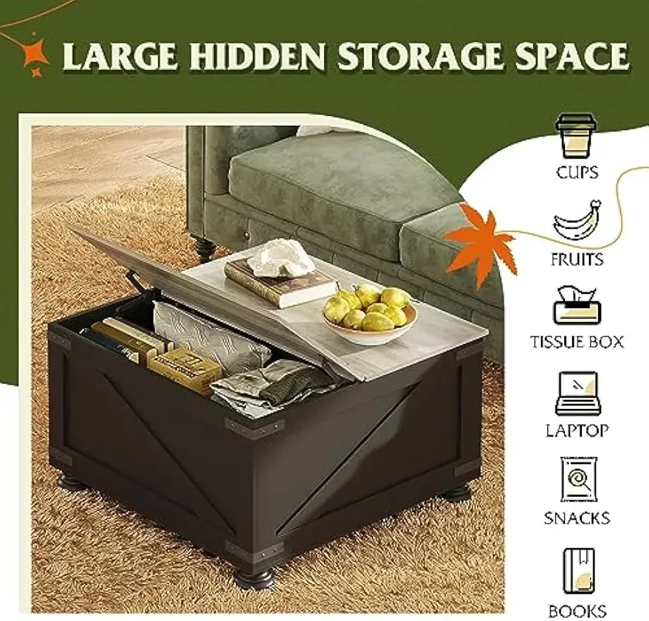 Farmhouse Lift Top Coffee Table, 31.5" Square Center Table with Hidden Storage Compartment for Living, Bedroom, Black