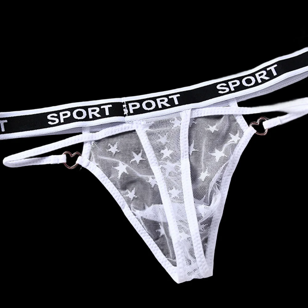 Ultrathin Men Star Pattern Mesh Transparent Low Waist Thong Underwear G-strings For Man Bikini Briefs Bulge Pouch