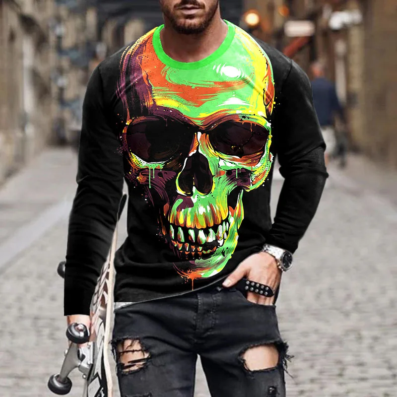 Fashion men\'s t-shirt 3D skull flame print graphic t-shirts Long sleeved round neck Men\'s clothing Street personality y2k tops