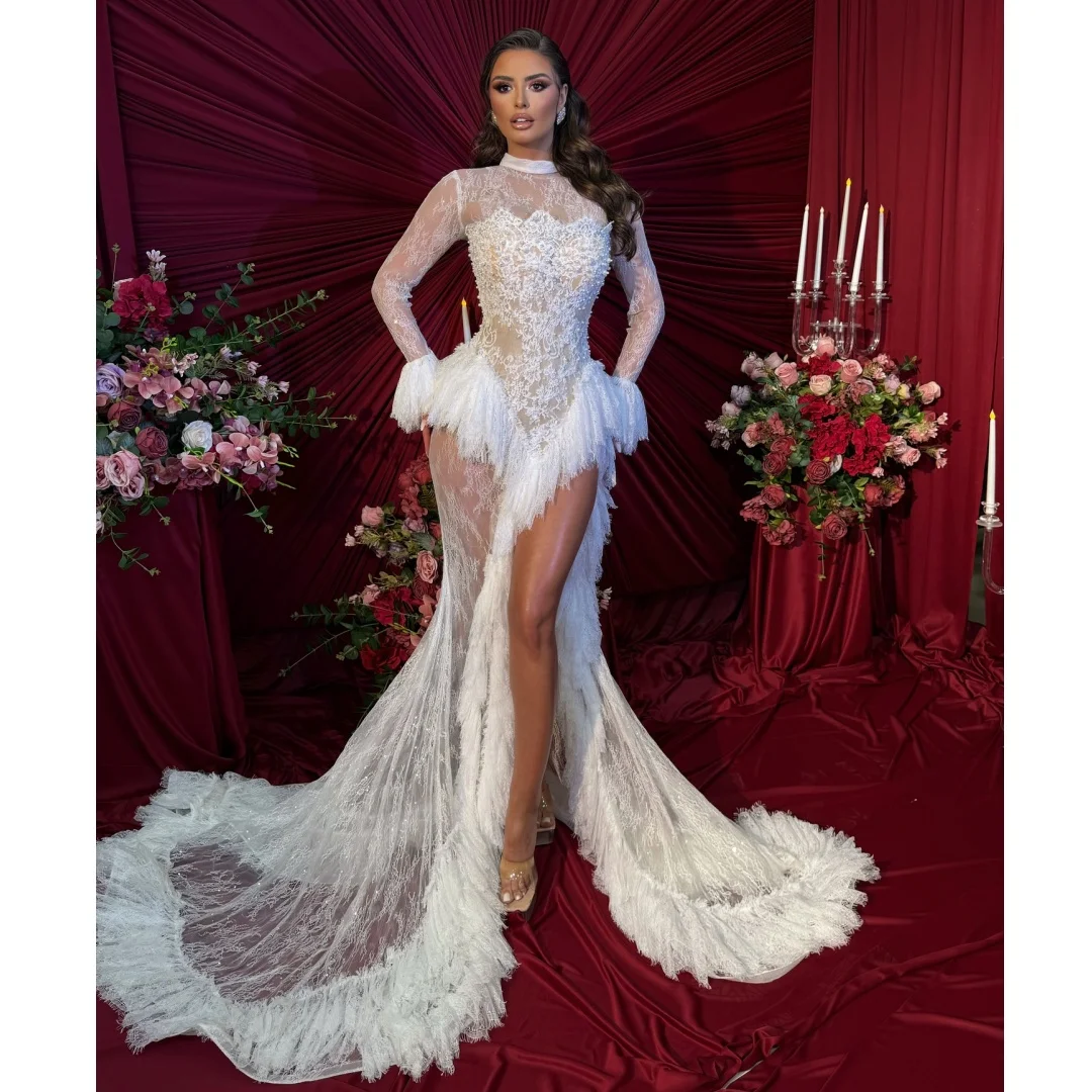 

Mermaid Wedding Dresses Long Sleeves Lace Sequins Vestido de Novia Customized Split Pleated Sweep Train Robe De Soirée
