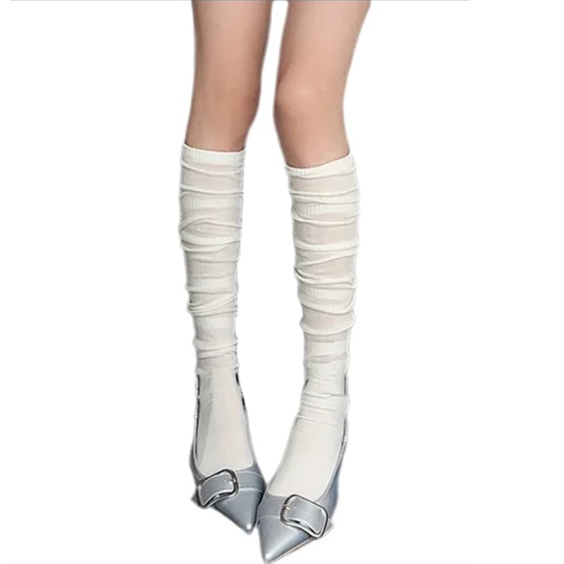 Women Thin Scrunch Over Knee Socks Student Solid Color Thigh High Long Stockings